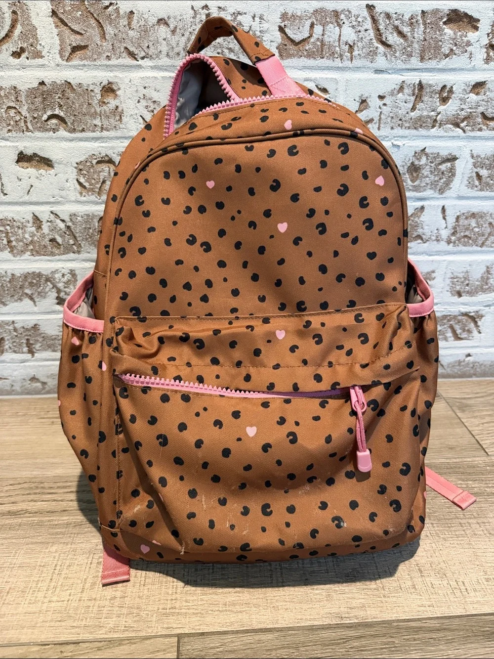Crate&Barrel Brown Leopard Print Kids Backpack with Pink Accents